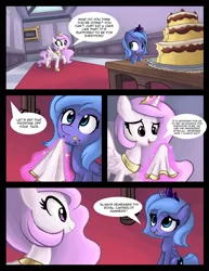 Size: 1275x1650 | Tagged: safe, artist:ric-m, derpibooru import, princess celestia, princess luna, alicorn, pony, cake, comic, duo, duo female, eating, female, filly, foal, food, napkin, sisters, woona