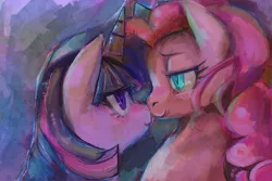 Size: 1500x1000 | Tagged: safe, artist:buttercupsaiyan, deleted from derpibooru, derpibooru import, pinkie pie, twilight sparkle, earth pony, pony, unicorn, abstract background, blushing, boop, eye contact, female, lesbian, looking at each other, mare, noseboop, shipping, twinkie