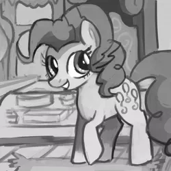 Size: 1024x1024 | Tagged: dead source, safe, artist:dhui, derpibooru import, pinkie pie, earth pony, pony, female, mare, monochrome, smiling, solo, sugarcube corner