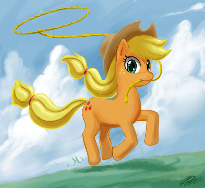 Size: 1500x1380 | Tagged: safe, artist:johnjoseco, derpibooru import, applejack, earth pony, pony, female, lasso, mare, mouth hold, photoshop, running, solo