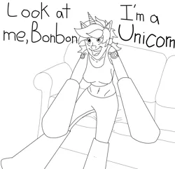 Size: 1552x1498 | Tagged: artist:ac-drawings, artist:mousathe14, askthemanesix, clothes, costume, couch, derpibooru import, fake ears, fake horn, female, human, humanized, lyra heartstrings, monochrome, safe, solo