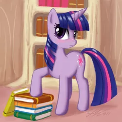 Size: 1000x1001 | Tagged: safe, artist:johnjoseco, derpibooru import, twilight sparkle, pony, unicorn, blushing, book, female, golden oaks library, mare, photoshop, raised hoof, solo, unicorn twilight