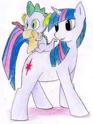 Size: 478x640 | Tagged: safe, artist:hewhowalksdeath, derpibooru import, spike, twilight sparkle, dragon, pony, unicorn, dragons riding ponies, duo, female, looking back, male, mare, quill, riding, scroll
