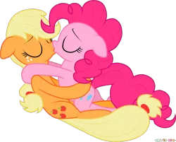 Size: 1381x1108 | Tagged: safe, artist:stupidlittlecreature, derpibooru import, applejack, pinkie pie, earth pony, pony, applepie, female, floppy ears, kissing, lesbian, mare, on back, shipping, simple background, transparent background, vector