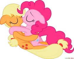 Size: 1381x1108 | Tagged: safe, artist:stupidlittlecreature, derpibooru import, applejack, pinkie pie, earth pony, pony, applepie, duo, female, floppy ears, image, kiss on the lips, kissing, lesbian, mare, on back, png, shipping, simple background, transparent background, vector