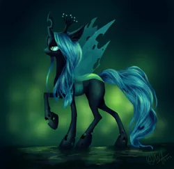 Size: 1233x1199 | Tagged: safe, artist:entadeath, derpibooru import, queen chrysalis, changeling, changeling queen, female, image, lidded eyes, png, profile, raised hoof, signature, solo, standing