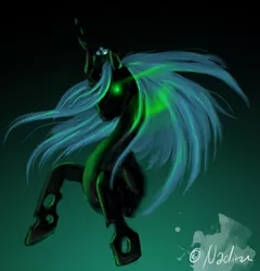 Size: 839x874 | Tagged: dead source, safe, artist:tinatheninja, derpibooru import, queen chrysalis, changeling, changeling queen, female, glowing eyes, gradient background, image, looking at you, png, signature, solo