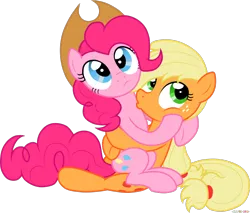 Size: 1390x1184 | Tagged: safe, artist:stupidlittlecreature, derpibooru import, applejack, pinkie pie, earth pony, pony, accessory swap, applepie, female, hat, hug, interrupted, kissing, lesbian, looking up, mare, shipping, simple background, sitting, transparent background, vector