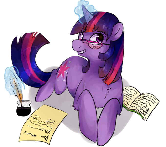 Size: 700x618 | Tagged: safe, artist:arinova, derpibooru import, twilight sparkle, pony, unicorn, book, chest fluff, female, glasses, grin, mare, prone, quill, smiling