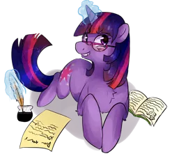 Size: 700x618 | Tagged: safe, artist:arinova, derpibooru import, twilight sparkle, pony, unicorn, book, chest fluff, female, glasses, grin, mare, prone, quill, smiling