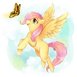 Size: 1000x1000 | Tagged: safe, artist:arinova, derpibooru import, fluttershy, butterfly, pegasus, pony, abstract background, female, filly, flying, hair over one eye, solo