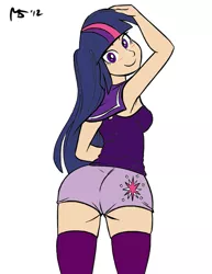 Size: 1041x1347 | Tagged: alizee, artist:megasweet, ass, breasts, butt, clothes, derpibooru import, female, human, humanized, rear view, simple background, smiling, solo, solo female, suggestive, thigh highs, twibutt, twilight sparkle, white background