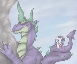 Size: 958x802 | Tagged: safe, artist:soulspade, derpibooru import, rarity, spike, dragon, pony, unicorn, climbing, duo, female, greed spike, male, mare, spikezilla