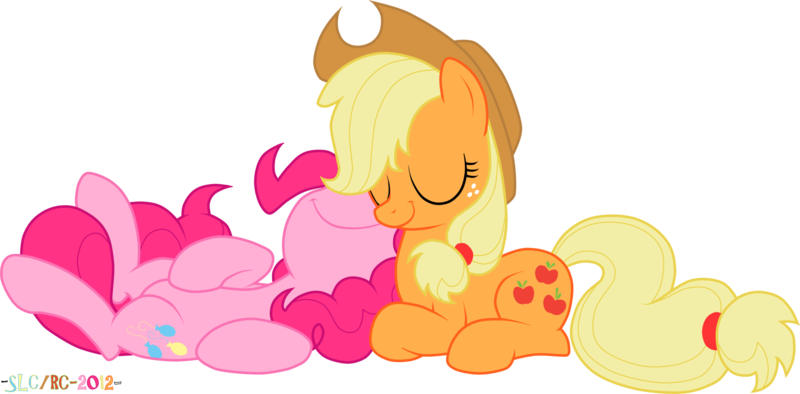 Size: 2126x1047 | Tagged: safe, artist:stupidlittlecreature, derpibooru import, applejack, pinkie pie, earth pony, pony, applepie, eyes closed, female, lesbian, mare, on back, prone, shipping, simple background, smiling, transparent background, vector