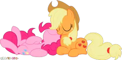 Size: 2126x1047 | Tagged: safe, artist:stupidlittlecreature, derpibooru import, applejack, pinkie pie, earth pony, pony, applepie, eyes closed, female, lesbian, mare, on back, prone, shipping, simple background, smiling, transparent background, vector