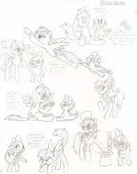 Size: 1700x2172 | Tagged: safe, artist:ramenluver111, derpibooru import, rainbow dash, spike, twilight sparkle, dragon, pegasus, pony, unicorn, dragons riding ponies, fake moustache, female, flying, hat, laughing, male, mare, mirror, monochrome, mouth hold, prank, rainbowspike, reading, riding, shipping, sitting, straight, top hat, wand