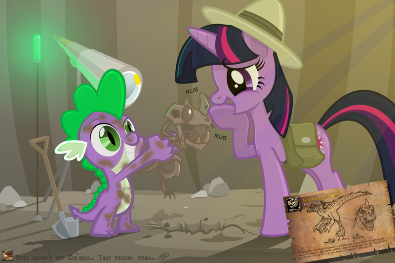 Size: 1500x1000 | Tagged: safe, artist:sunyup, derpibooru import, spike, twilight sparkle, dinosaur, dragon, pony, undead, unicorn, female, fossil, grin, hat, male, mare, paleontologist, paleontology, pith helmet, saddle bag, shovel, smiling