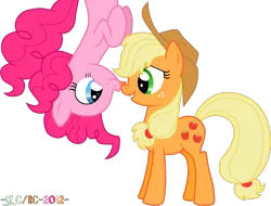 Size: 1725x1312 | Tagged: safe, artist:stupidlittlecreature, derpibooru import, applejack, pinkie pie, earth pony, pony, applepie, boop, eye contact, female, lesbian, licking, looking at each other, mare, noseboop, shipping, simple background, smiling, transparent background, upside down, vector