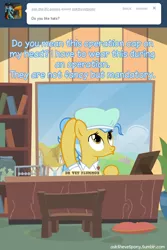 Size: 600x899 | Tagged: safe, artist:adiwan, derpibooru import, doctor fauna, earth pony, pony, ask the vet pony, ask, cap, desk, female, hat, mare, sitting, solo