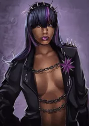 Size: 1000x1414 | Tagged: absolute cleavage, abstract background, artist:raspbearyart, breasts, cleavage, clothes, dark skin, derpibooru import, female, human, humanized, lip piercing, nose piercing, open clothes, piercing, solo, solo female, spiked headband, suggestive, twilight sparkle