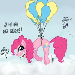 Size: 700x700 | Tagged: safe, artist:theartrix, derpibooru import, pinkie pie, twilight sparkle, ant, earth pony, pony, balloon, cloud, cloudy, female, floating, mare, open mouth, rapture, sky, smiling, species swap, then watch her balloons lift her up to the sky, tongue out, wat, wtf