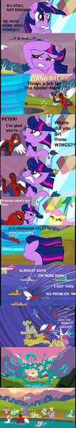 Size: 648x3620 | Tagged: safe, artist:mogneciothebrave, derpibooru import, edit, edited screencap, screencap, airheart, bons away, cloud kicker, crescent pony, derpy hooves, dizzy twister, fluttershy, great scott (character), jetstream, lightning bolt, mane moon, merry may, orange swirl, parasol, prism glider, prism strider, purple waters, sassaflash, spring melody, sprinkle medley, thorn (character), twilight sparkle, warm front, white lightning, pegasus, pony, unicorn, hurricane fluttershy, 60s spider-man, comic, eyes closed, faceplant, female, floppy ears, flying, frown, glare, goggles, gritted teeth, image macro, lidded eyes, male, mare, meme, open mouth, princess celery, prone, sad, screencap comic, sitting, spider-man, spread wings, stallion, windswept mane, wings