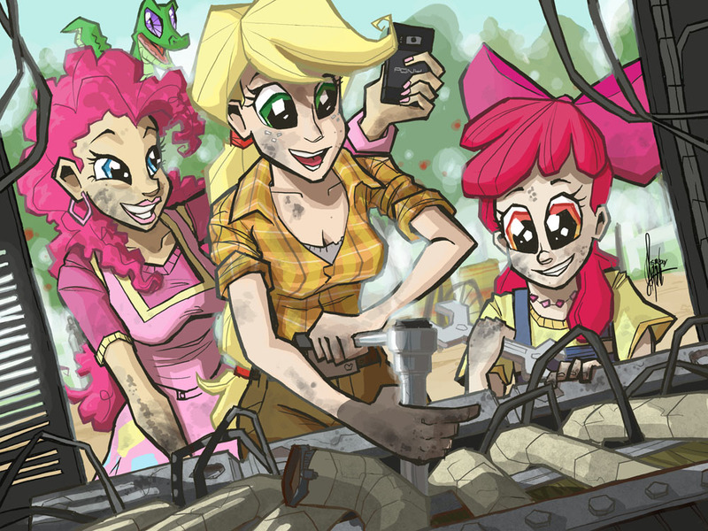 Size: 1000x750 | Tagged: apple bloom, applejack, artist:theartrix, camera, derpibooru import, dirty, ear piercing, earring, engine, female, growing up, gummy, human, humanized, jewelry, mechanic, piercing, pinkie pie, rite of passage, safe, wrench