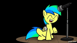 Size: 450x253 | Tagged: safe, artist:petirep, derpibooru import, oc, oc:aurora, oc:aurora dawn, unofficial characters only, pegasus, pony, animated, bandage, cute, enunciation emergency, eyes closed, female, filly, gif, microphone, open mouth, sitting, smiling, solo, stomping