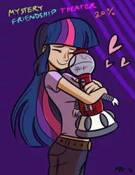 Size: 1041x1347 | Tagged: abstract background, artist:ashesg, artist:megasweet, crossover, derpibooru import, female, heart, hug, human, humanized, mystery science theater 3000, safe, smiling, tom servo, twilight sparkle