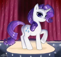 Size: 1200x1122 | Tagged: safe, artist:johnjoseco, derpibooru import, rarity, pony, unicorn, curtains, female, mare, photoshop, runway, solo, stage