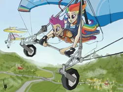 Size: 1000x750 | Tagged: artist:theartrix, derpibooru import, female, flight, fluttershy, flying, growing up, hang gliding, human, humanized, rainbow dash, rite of passage, safe, scootaloo, vertigo