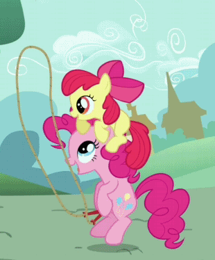 Size: 310x374 | Tagged: safe, derpibooru import, screencap, apple bloom, pinkie pie, earth pony, pony, a friend in deed, adorabloom, animated, cute, diapinkes, duo, duo female, female, filly, gif, jump rope, mare, pony hat