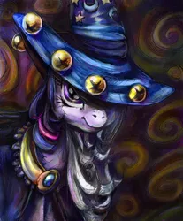 Size: 994x1200 | Tagged: safe, artist:buttercupsaiyan, deleted from derpibooru, derpibooru import, twilight sparkle, pony, unicorn, abstract background, beard, costume, female, hat, mare, solo, star swirl the bearded costume