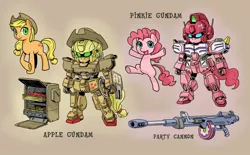 Size: 1210x750 | Tagged: safe, artist:shepherd0821, derpibooru import, applejack, pinkie pie, earth pony, pony, duo, duo female, female, gundam, gundam ez8, gundam heavyarms, mare, partillery, party cannon