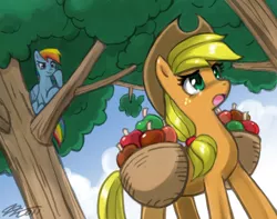 Size: 1020x805 | Tagged: safe, artist:johnjoseco, derpibooru import, applejack, rainbow dash, earth pony, pegasus, pony, apple, basket, female, food, mare, photoshop, tree