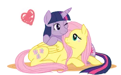 Size: 1442x900 | Tagged: safe, artist:cartoonlion, derpibooru import, fluttershy, twilight sparkle, pegasus, pony, unicorn, female, heart, lesbian, looking at each other, mare, prone, shipping, simple background, smiling, transparent background, twishy