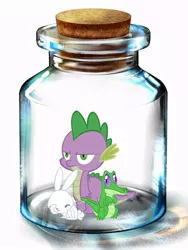 Size: 600x800 | Tagged: angel bunny, artist needed, bottle, derpibooru import, dragon, gummy, gummy doesn't give a fuck, male, pony in a bottle, safe, spike, unamused