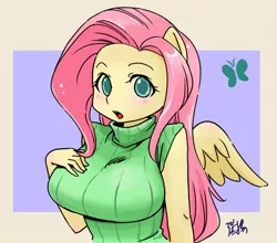 Size: 600x528 | Tagged: ambiguous facial structure, anthro, artist:shepherd0821, big breasts, breasts, busty fluttershy, clothes, derpibooru import, female, fluttershy, safe, sleeveless turtleneck, sweatershy