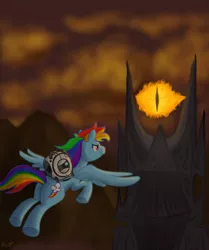 Size: 1600x1916 | Tagged: artist needed, safe, derpibooru import, rainbow dash, pegasus, pony, barad-dûr, crossover, eye of sauron, female, flying, lord of the rings, mare, personality core, portal (valve), wheatley
