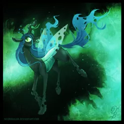 Size: 900x900 | Tagged: dead source, safe, artist:thenecrobalam, derpibooru import, queen chrysalis, changeling, changeling queen, deviantart link, female, fire, image, open mouth, png, raised hoof, running, signature, smiling, solo, walking