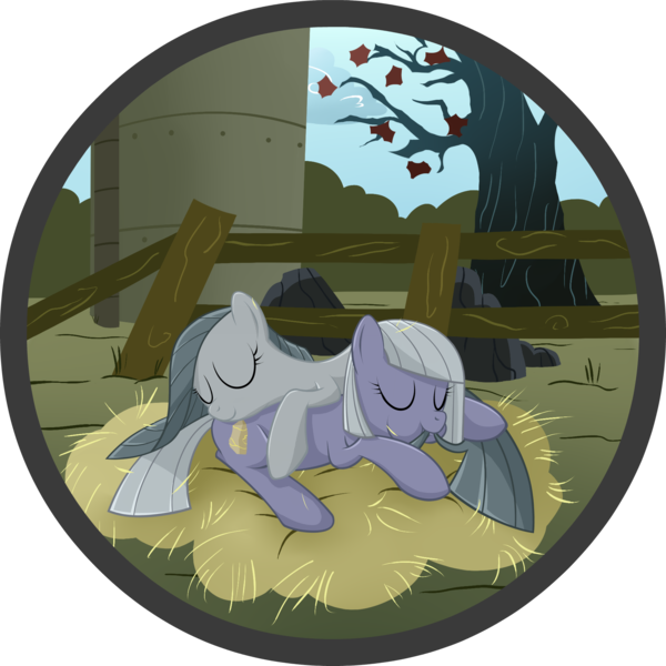 Size: 1862x1862 | Tagged: safe, artist:zap-apple, derpibooru import, limestone pie, marble pie, earth pony, pony, female, fence, mare, pie sisters, pony pillow, sisters, sleeping, tail bite