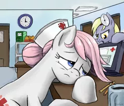 Size: 1100x943 | Tagged: safe, artist:gsphere, derpibooru import, derpy hooves, nurse redheart, earth pony, pegasus, pony, duo, duo female, female, head mirror, hospital, mare, sleepy, tired, working