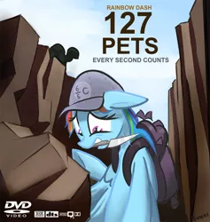 Size: 1000x1055 | Tagged: safe, artist:gsphere, derpibooru import, rainbow dash, tank, pegasus, pony, may the best pet win, 127 hours, backpack, duo, female, floppy ears, hat, knife, mare, mouth hold, poster, rock, this will end in pain, trapped, worried