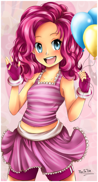 Size: 330x609 | Tagged: artist:nataliadsw, balloon, bracelet, clothes, derpibooru import, female, fingerless gloves, gloves, human, humanized, midriff, pinkie pie, safe, skirt, solo, tanktop