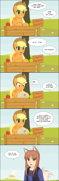 Size: 757x2315 | Tagged: safe, artist:devo87, derpibooru import, applejack, earth pony, pony, apple, bits, comic, crossover, dialogue, female, horo, mare, shut up and take my money, spice and wolf, stall