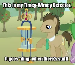 Size: 447x384 | Tagged: safe, derpibooru import, edit, edited screencap, screencap, doctor whooves, spike, time turner, dragon, earth pony, pony, the super speedy cider squeezy 6000, caption, hourglass, hub logo, image macro, male, meme, raised hoof, solo focus, stallion