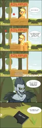 Size: 757x2315 | Tagged: dead source, safe, artist:devo87, derpibooru import, applejack, earth pony, pony, apple, comic, crossover, death note, dialogue, female, food, mare, ryuk, shinigami, stall