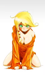 Size: 800x1333 | Tagged: annabel jean smith, applejack, artist:derpiihooves, blushing, bottomless, breasts, busty applejack, cleavage, clothes, derpibooru import, female, freckles, grin, human, humanized, kneeling, looking at you, off shoulder, smiling, solo, solo female, starswirl academy, suggestive, sweater