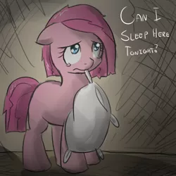 Size: 900x900 | Tagged: safe, artist:speccysy, derpibooru import, pinkie pie, earth pony, pony, abstract background, crying, cute, cuteamena, diapinkes, female, filly, filly pinkie pie, floppy ears, mouth hold, pillow, pinkamena diane pie, solo