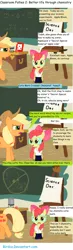 Size: 900x3090 | Tagged: safe, artist:birdco, derpibooru import, apple bloom, applejack, earth pony, pony, chalkboard, classroom follies, clothes, comic, duo, duo female, female, filly, goggles, lab coat, mare